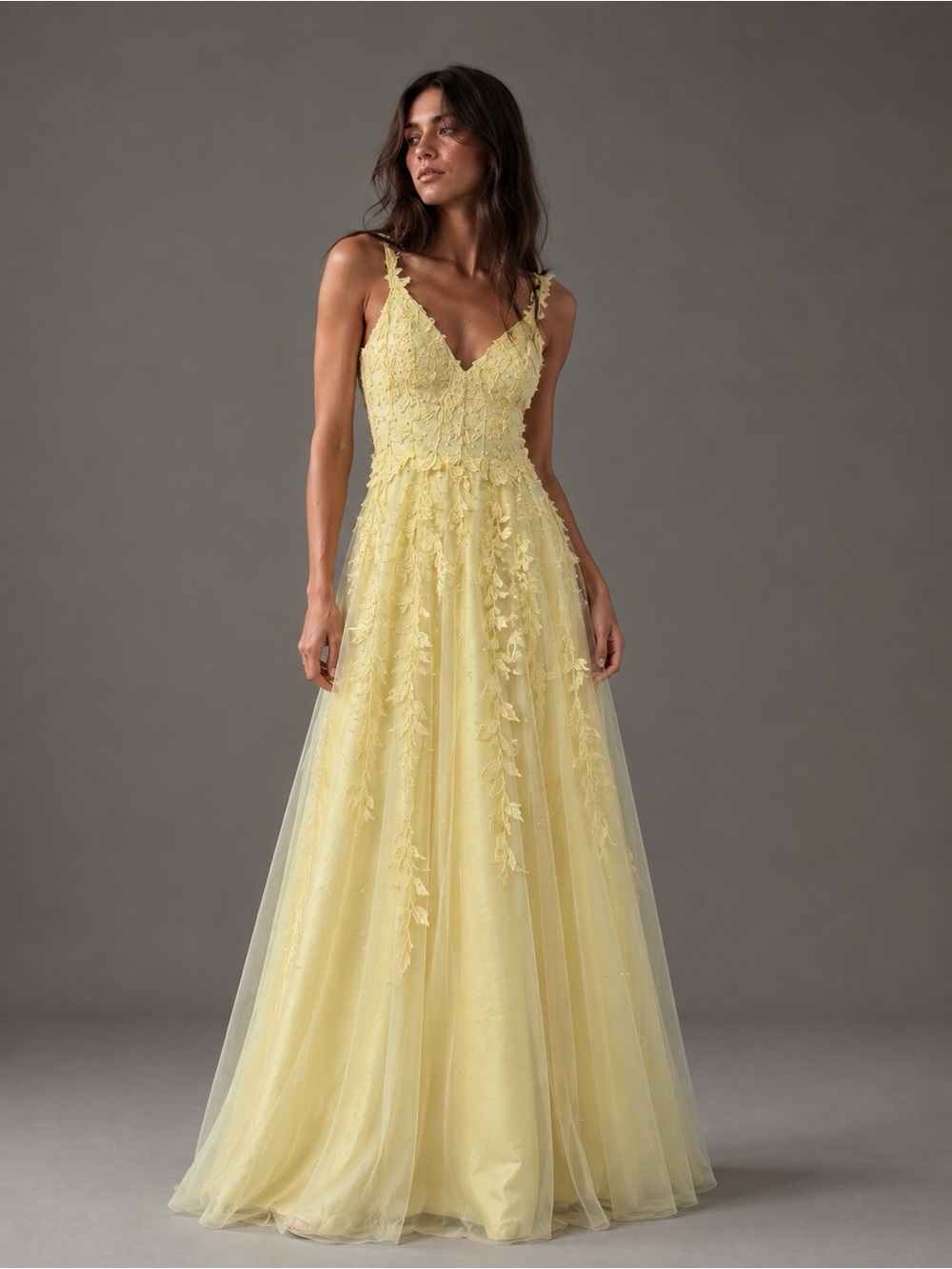 Romantic Yellow Floral Appliqué Pearl Beaded Tulle Maxi Gown Small
